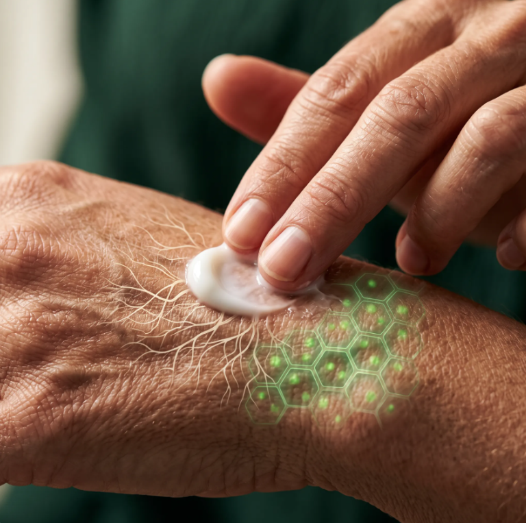 Cream applied to skin with illuminated hexagonal cellular activity