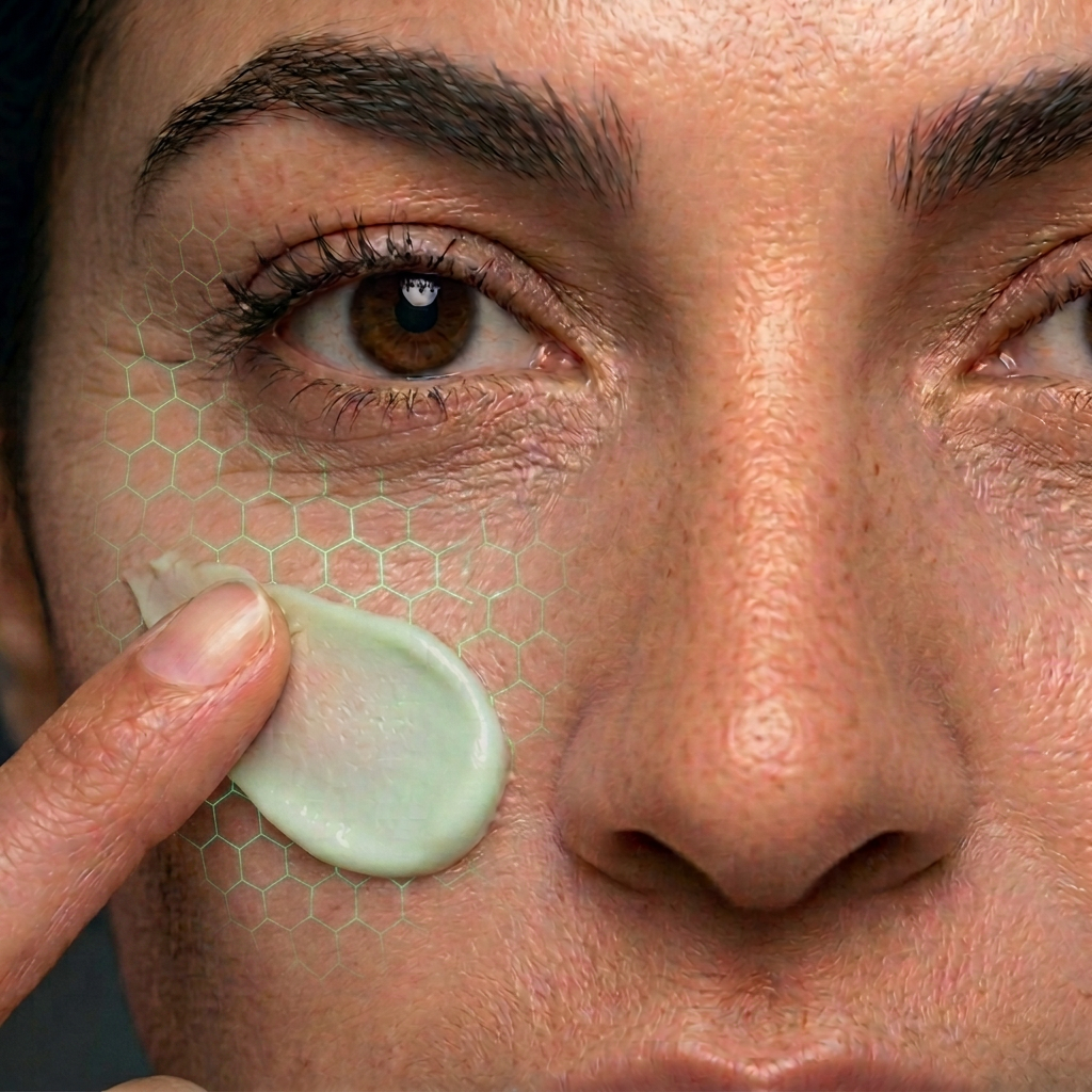 Close-up of skin with a hexagonal cellular lattice as Renuval is applied