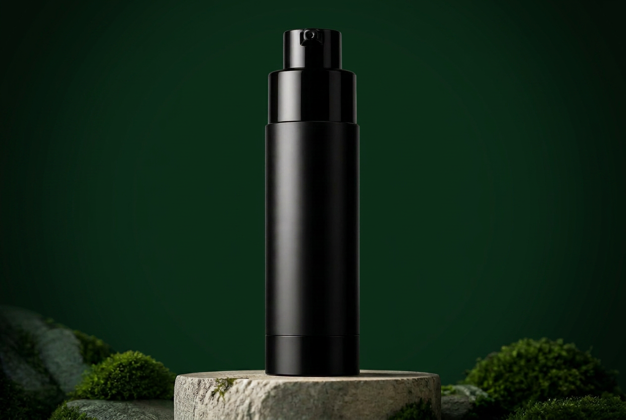 Renuval black metallic pump bottle against a forest-green hexagonal lattice